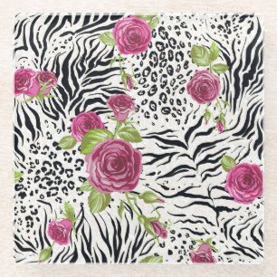 Roses On Animal Pattern Glass Coaster
