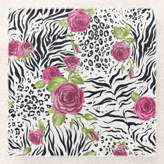 Roses On Animal Pattern Glass Coaster (Front)