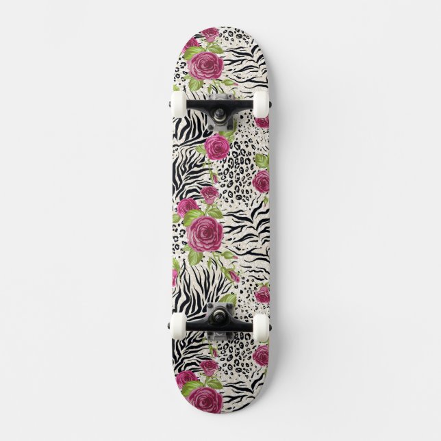 Roses On Animal Pattern Skateboard (Front)