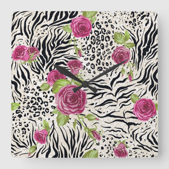 Roses On Animal Pattern Square Wall Clock (Front)