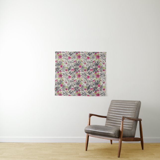 Roses On Animal Pattern Tapestry (In Situ (Horizontal))