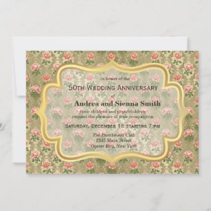 Roses on antique gold Anniversary Invitation