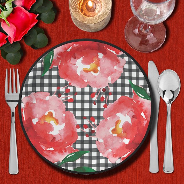 Roses on Black and White Gingham Paper Plate (Roses on Black and White Gingham Paper Plates)