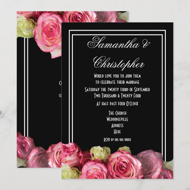 Roses on black floral wedding invitation (Front/Back)