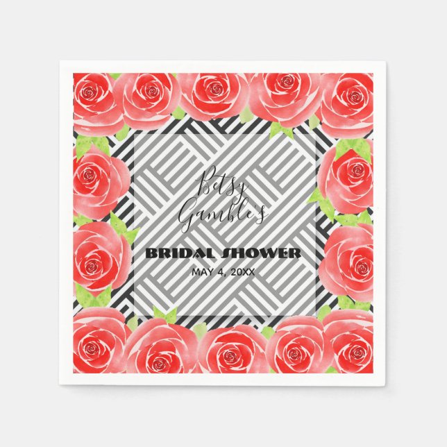 Roses on Black &White Stripes Napkins (Front)