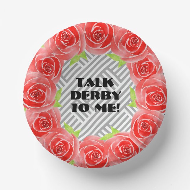 Roses on Black White Stripes Talk Derby Paper Plate (Front)