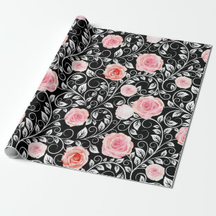 Roses on Black Wrapping Paper
