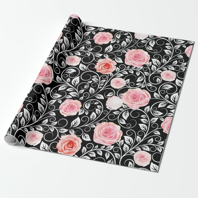 Roses on Black Wrapping Paper (Unrolled)