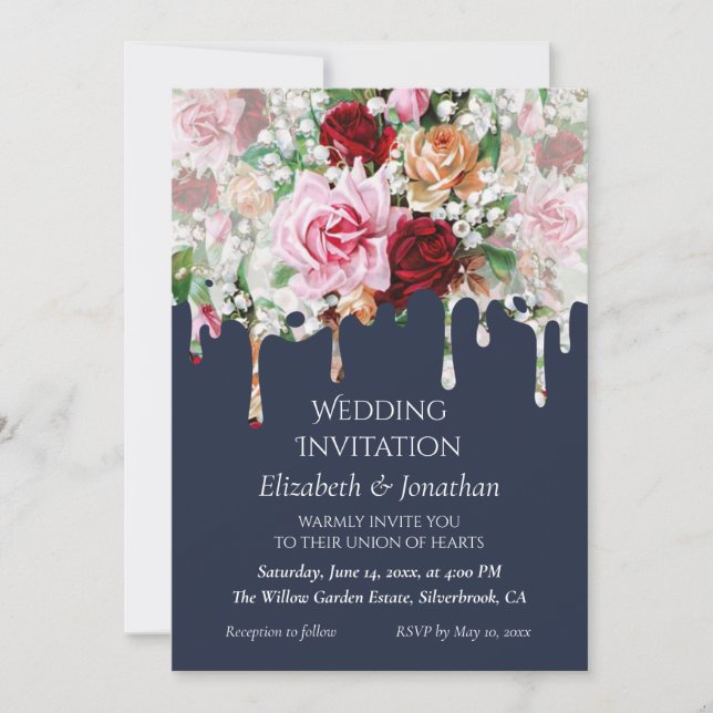 Roses on Blue Customizable Wedding Invitation (Front)
