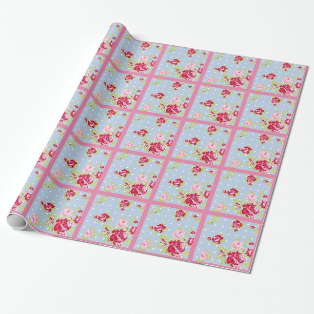 Roses On Blue Wrapping Paper (Unrolled)