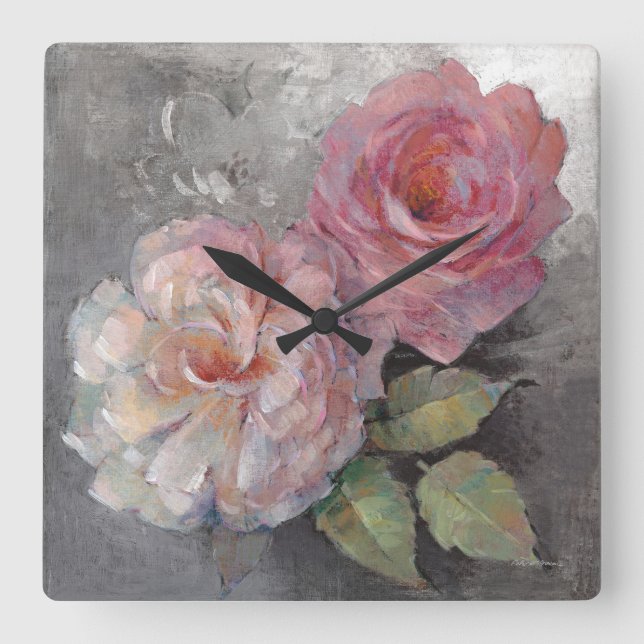 Roses on Grey Square Wall Clock (Front)