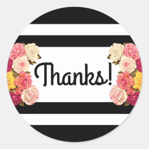 Roses on Modern Black & White Stripes Thank You Classic Round Sticker