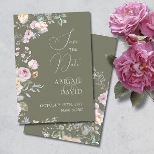 Roses on Olive Green Wedding Save The Date