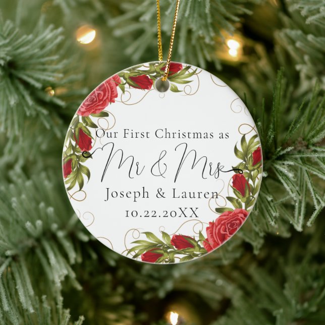 Roses Our First Christmas Married Mr and Mrs Ceramic Ornament (Tree)