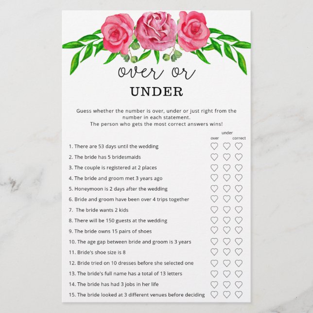 Roses over or under bridal shower game (Front)