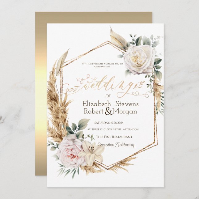 Roses Pampas Grass Gold Frame Wedding Invitation (Front/Back)