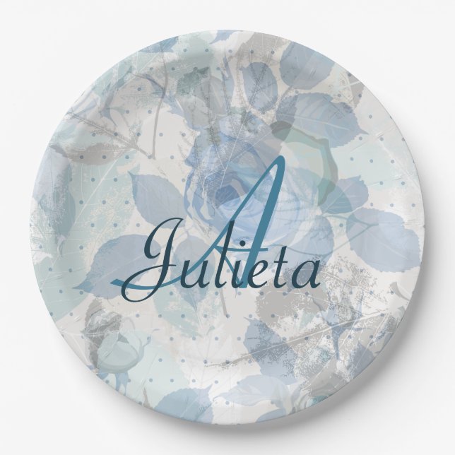 Roses pattern luxury design Monogram Paper Plate (Front)