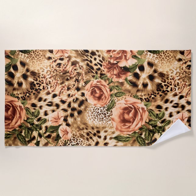 Roses Pattern with Leopard Print Texture Beach Towel (Front)