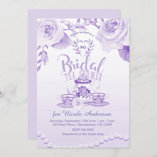 Roses & Pearls Elegant Purple Bridal Tea Shower Invitation (Front/Back)