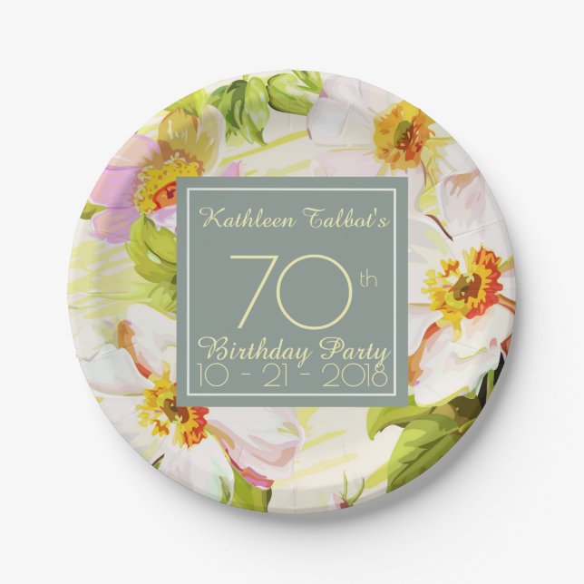 Roses Peonies 70th Birthday Party Paper Plate (Front)