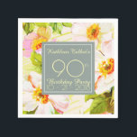 Roses Peonies 90th Birthday Party Paper Napkin<br><div class="desc">Classic floral pattern of old wild roses and peonies on bistre background. Very classy vintage graphics with texts into a pastel grey square shape on customisable 90th birthday party paper napkin. You can easily change text (font, size, colour and position), design and shape (size and position). Matching products for birthday:...</div>