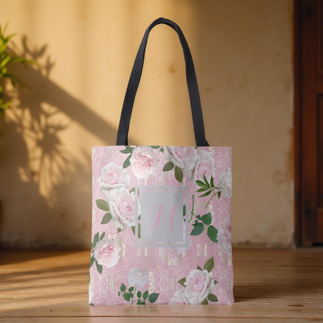 Roses Peonies On Blush Pink & Gold Damask Monogram Tote Bag (Creator Uploaded)
