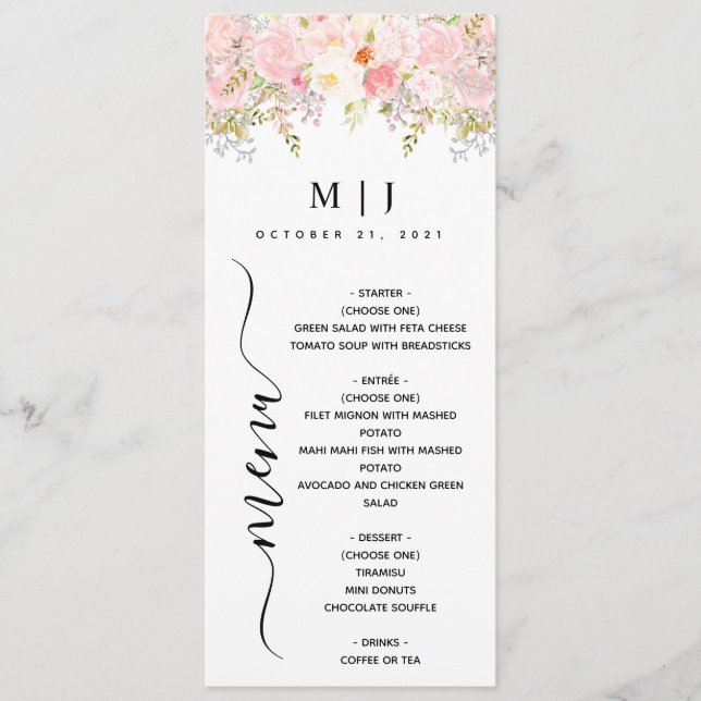 Roses Peony Blush Pink Wedding Menu (Front)