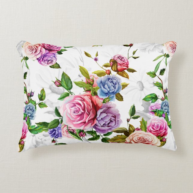 Roses, peony with leaves and chamomile with cornfl decorative cushion (Front)