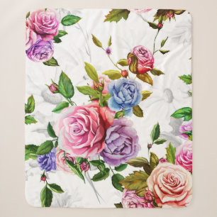 Roses, peony with leaves and chamomile with cornfl sherpa blanket