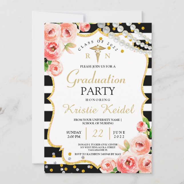 Roses & Perl Nursing School Graduation Invitation (Front)