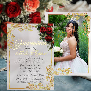 Roses, Photo & Gold Frame - Pearl Quinceanera 