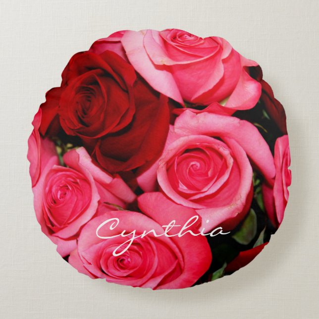 Roses, Pink and Red-Round Throw Pillow (Front)