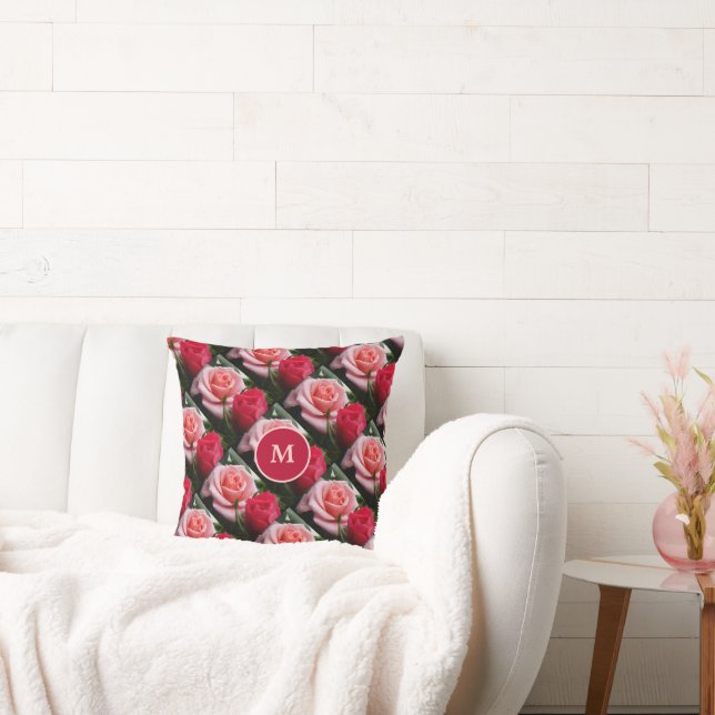 Roses Pink Red Floral Pattern Custom Monogram Cushion (Couch)
