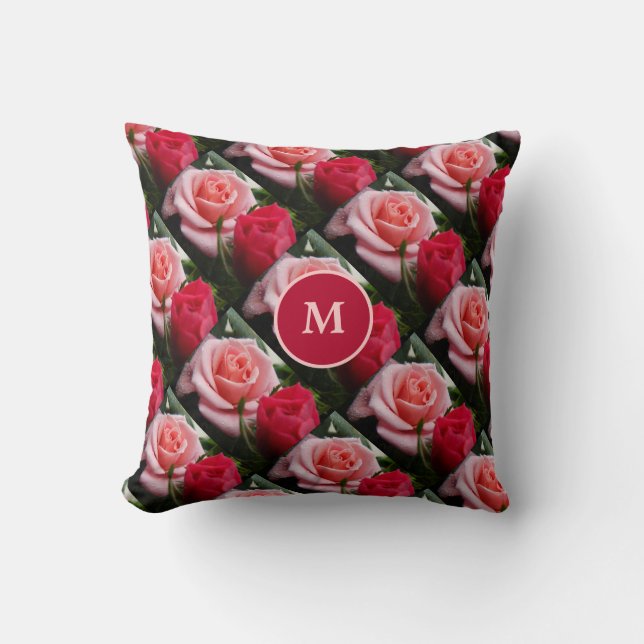 Roses Pink Red Floral Pattern Custom Monogram Cushion (Front)