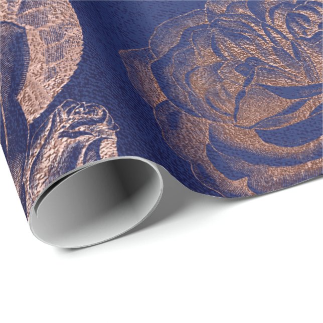 Roses Pink Rose Gold Metallic Floral Blue Marine Wrapping Paper (Roll Corner)