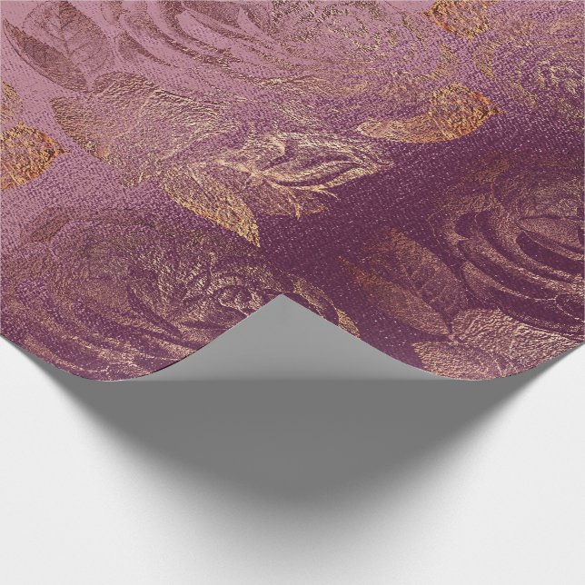 Roses Pink Rose Gold Metallic Floral Burgundy Red Wrapping Paper (Corner)