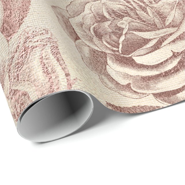 Roses Pink Rose Gold Metallic Floral Sepia Linen Wrapping Paper (Roll Corner)