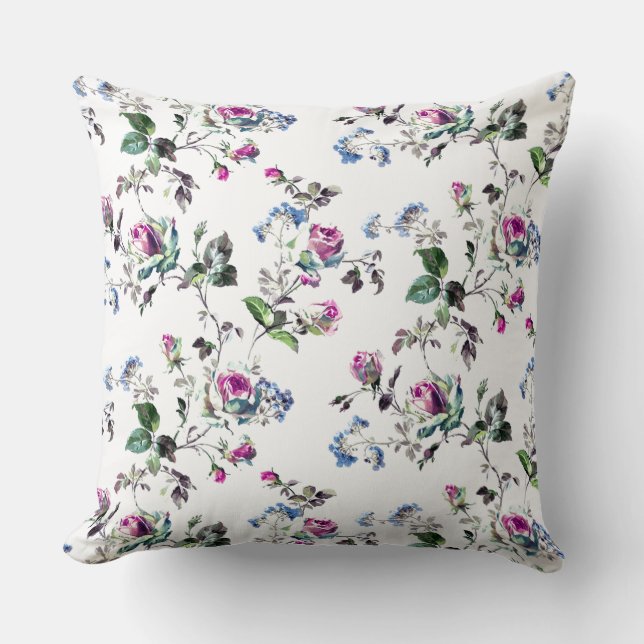 Roses - Pink Roses & Blue Flowers Over White Cushion (Front)