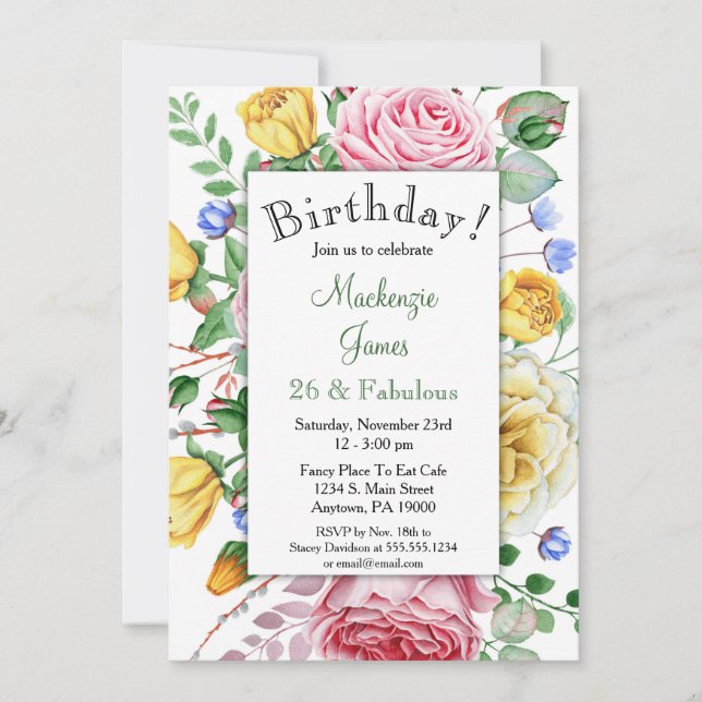 Roses Pink Yellow Floral Birthday Invitation (Front)