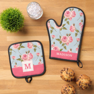 Roses & Polka Dots Pattern Oven Mitt & Pot Holder Set