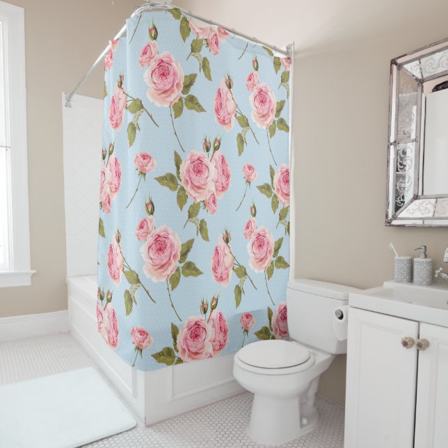 Roses & Polka Dots Pattern Shower Curtain (In Situ)