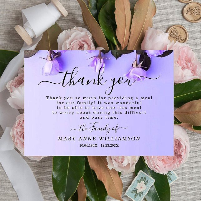 Roses Purple Elegant Funeral Food Thank You Card (Creator Uploaded)