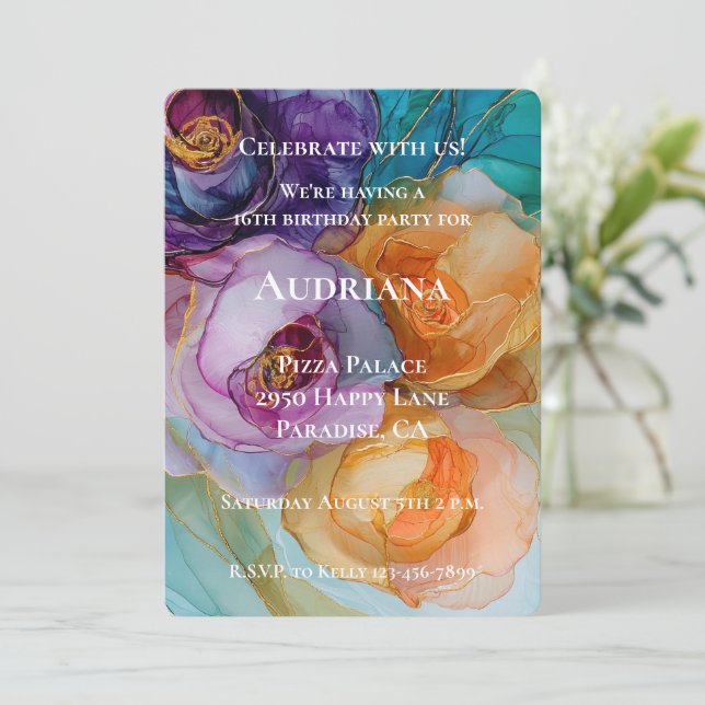 Roses Purple Pink Peach Yellow Floral Birthday Invitation (Standing Front)