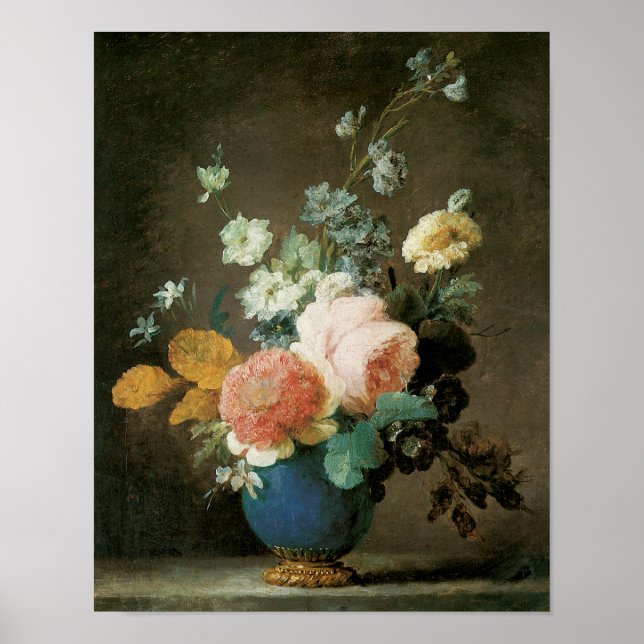 Roses, Ranunculus and Other Flowers in a Blue Vase Poster (Front)