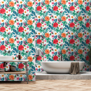 Roses Red Orange Green and Blue Leaves Wallpaper
