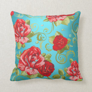 Roses Red Turquoise Green Magic Garden Flowers Cushion