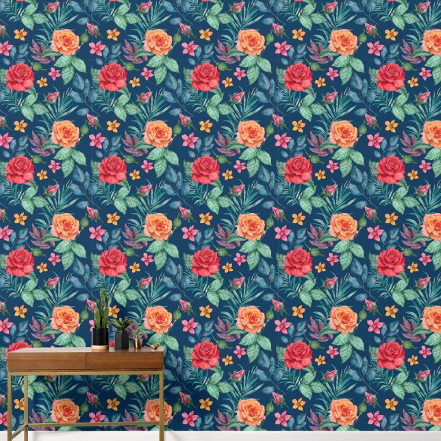 Roses Red Yellow On Navy Wallpaper (Hallway)