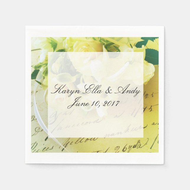 Roses, ribbon, old handwriting with text area napkin (Front)