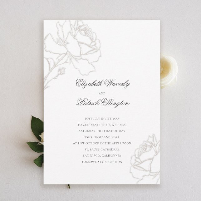 Roses Rich Ivory Minimalist Black Tie Wedding Invitation (formal traditional wedding invitation rich ivory roses black tie modern classic elegant minimalist)
