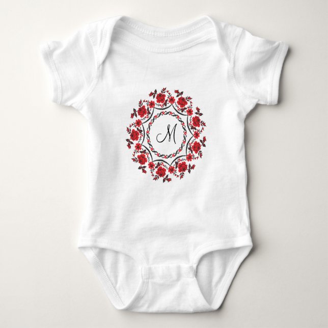 Roses ring Personalised Monogram Initial Baby Bodysuit (Front)
